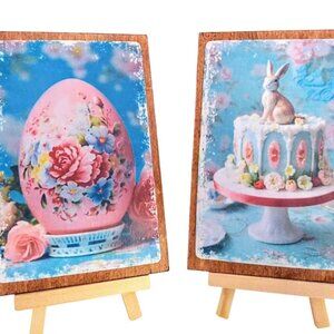 2 Pc Set 4X6 Handmade Vintage Inspired Shabby Chic Wood Easter Signs With Stands